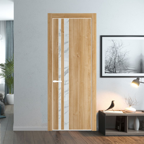 Межкомнатная дверь ProfilDoors 20 NE Дуб Карамель с кромкой Вайт с стекляной вставкой нефи белый узор серебро