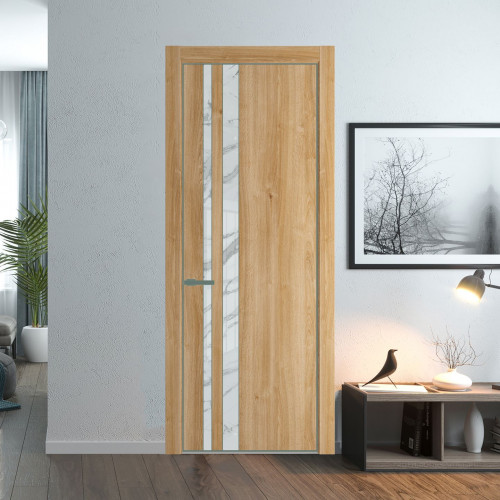 Межкомнатная дверь ProfilDoors 20 NE Дуб Карамель с кромкой Зеленый воск с стекляной вставкой нефи белый узор серебро