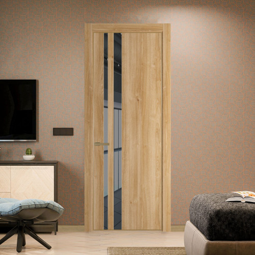 Межкомнатная дверь ProfilDoors 20 NE Дуб Карамель с кромкой Золото с стекляной вставкой зеркало grey