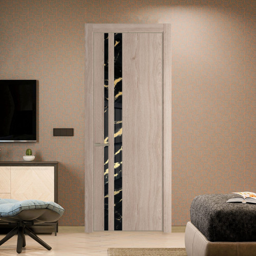 Межкомнатная дверь ProfilDoors 20 NE Дуб Сонома с кромкой Никель с стекляной вставкой нефи черный узор золото
