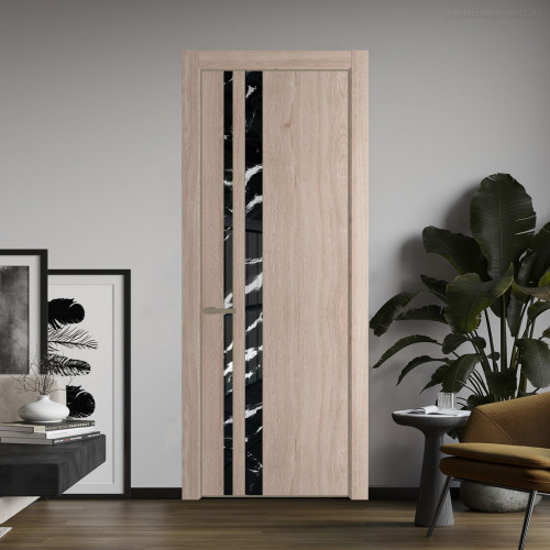 Межкомнатная дверь ProfilDoors 20 NE Дуб Сонома с кромкой Шампань с стекляной вставкой нефи черный узор серебро