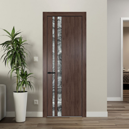 Межкомнатная дверь ProfilDoors 20 NE Дуб Тобакко с кромкой Черный с стекляной вставкой атриум серебро