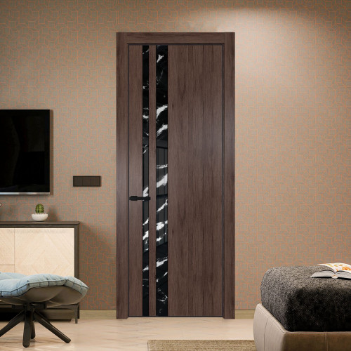 Межкомнатная дверь ProfilDoors 20 NE Дуб Тобакко с кромкой Черный с стекляной вставкой нефи черный узор серебро