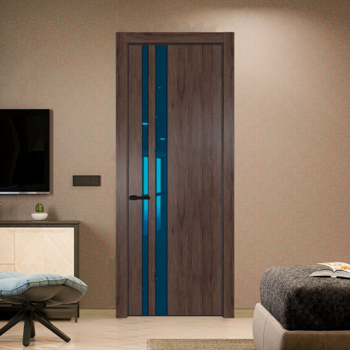 Межкомнатная дверь ProfilDoors 20 NE Дуб Тобакко с кромкой Черный с стекляной вставкой зеркало blue
