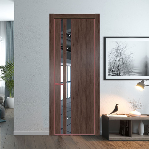Межкомнатная дверь ProfilDoors 20 NE Дуб Тобакко с кромкой Красный антрацит с стекляной вставкой зеркало