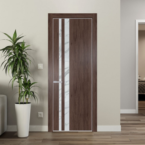 Межкомнатная дверь ProfilDoors 20 NE Дуб Тобакко с кромкой Матовая с стекляной вставкой нефи белый узор серебро