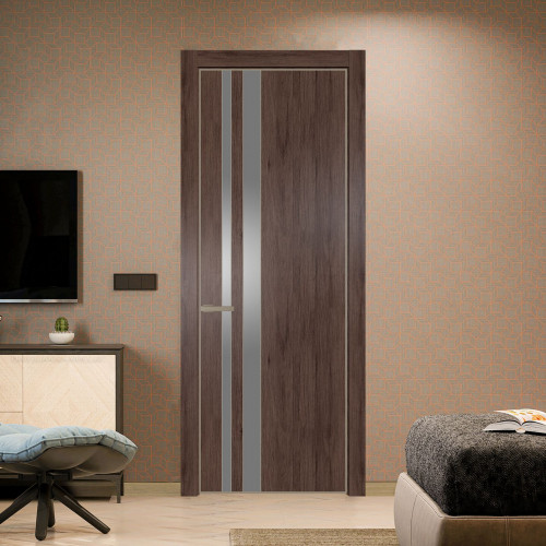 Межкомнатная дверь ProfilDoors 20 NE Дуб Тобакко с кромкой Никель с стекляной вставкой серебро матлак