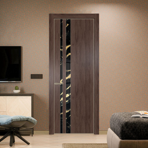 Межкомнатная дверь ProfilDoors 20 NE Дуб Тобакко с кромкой Никель с стекляной вставкой нефи черный узор золото