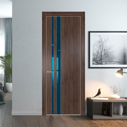 Межкомнатная дверь ProfilDoors 20 NE Дуб Тобакко с кромкой Никель с стекляной вставкой зеркало blue