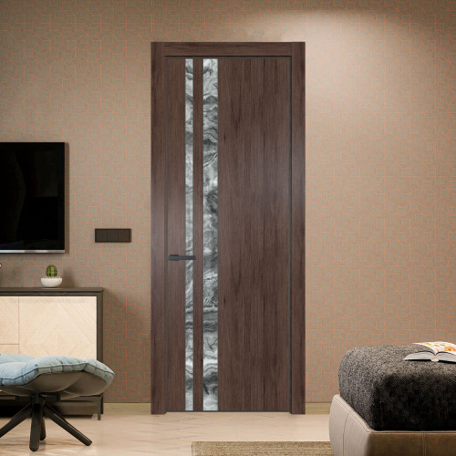 Межкомнатная дверь ProfilDoors 20 NE Дуб Тобакко с кромкой Серая Ночь с стекляной вставкой атриум серебро