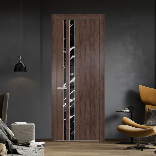 Межкомнатная дверь ProfilDoors 20 NE Дуб Тобакко с кромкой Серебро с стекляной вставкой нефи черный узор серебро
