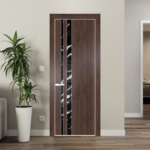 Межкомнатная дверь ProfilDoors 20 NE Дуб Тобакко с кромкой Вайт с стекляной вставкой нефи черный узор серебро