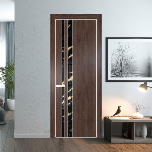 Межкомнатная дверь ProfilDoors 20 NE Дуб Тобакко с кромкой Вайт с стекляной вставкой нефи черный узор золото
