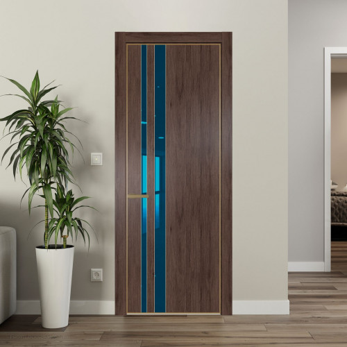 Межкомнатная дверь ProfilDoors 20 NE Дуб Тобакко с кромкой Золото с стекляной вставкой зеркало blue