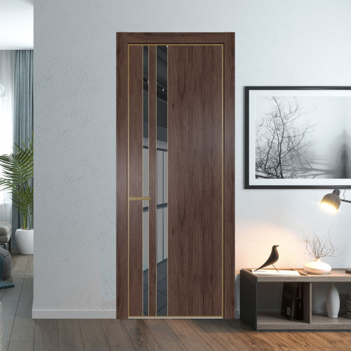 Межкомнатная дверь ProfilDoors 20 NE Дуб Тобакко с кромкой Золото с стекляной вставкой зеркало grey