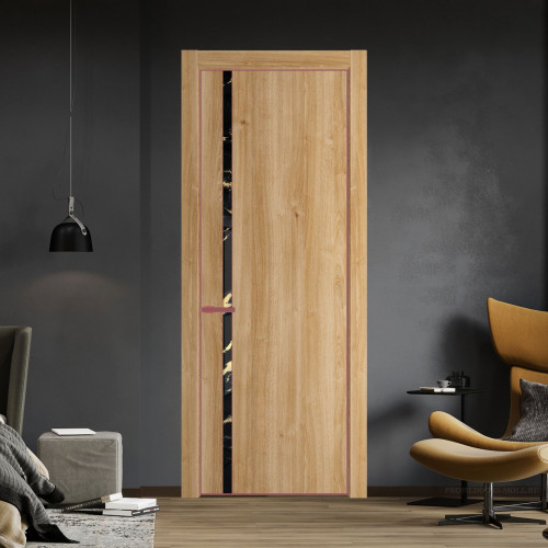 Межкомнатная дверь ProfilDoors 21 NE Дуб Карамель с кромкой Красный антрацит с стекляной вставкой нефи черный узор золото