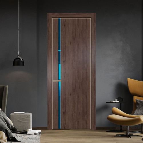 Межкомнатная дверь ProfilDoors 21 NE Дуб Тобакко с кромкой Никель с стекляной вставкой зеркало blue