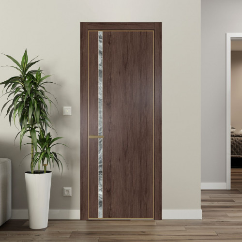 Межкомнатная дверь ProfilDoors 21 NE Дуб Тобакко с кромкой Золото с стекляной вставкой атриум серебро
