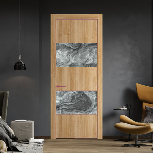 Межкомнатная дверь ProfilDoors 22 NE Дуб Карамель с кромкой Красный антрацит с стекляной вставкой атриум серебро