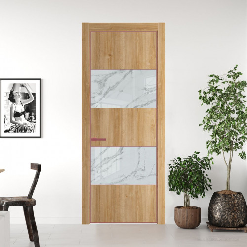 Межкомнатная дверь ProfilDoors 22 NE Дуб Карамель с кромкой Красный антрацит с стекляной вставкой нефи белый узор серебро