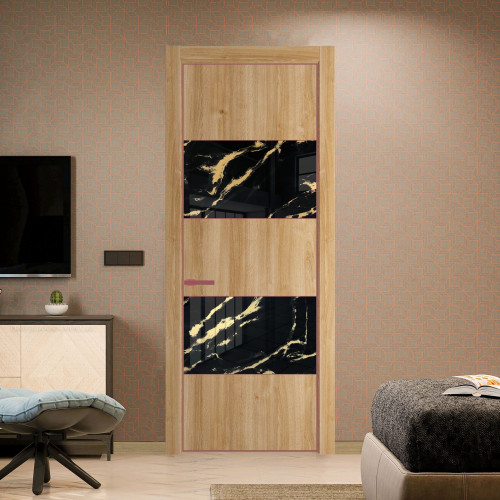 Межкомнатная дверь ProfilDoors 22 NE Дуб Карамель с кромкой Красный антрацит с стекляной вставкой нефи черный узор золото