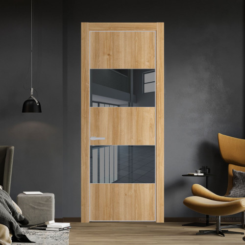 Межкомнатная дверь ProfilDoors 22 NE Дуб Карамель с кромкой Матовая с стекляной вставкой зеркало grey