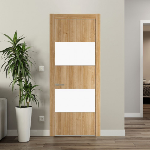 Межкомнатная дверь ProfilDoors 22 NE Дуб Карамель с кромкой Никель с стекляной вставкой монохром белый просветленный
