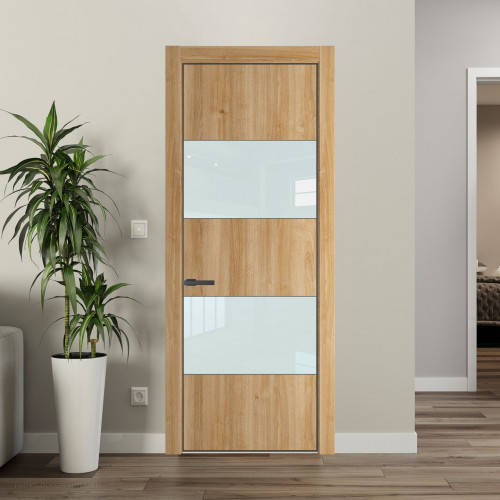 Межкомнатная дверь ProfilDoors 22 NE Дуб Карамель с кромкой Серая Ночь с стекляной вставкой белый лак