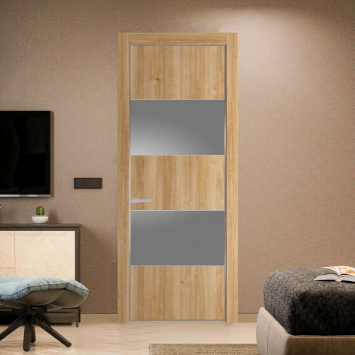 Межкомнатная дверь ProfilDoors 22 NE Дуб Карамель с кромкой Серебро с стекляной вставкой серебро матлак