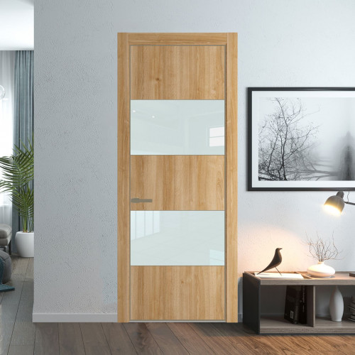Межкомнатная дверь ProfilDoors 22 NE Дуб Карамель с кромкой Шампань с стекляной вставкой белый лак