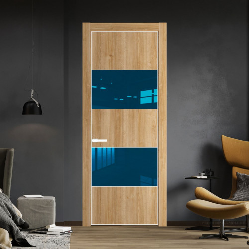 Межкомнатная дверь ProfilDoors 22 NE Дуб Карамель с кромкой Вайт с стекляной вставкой зеркало blue