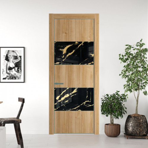 Межкомнатная дверь ProfilDoors 22 NE Дуб Карамель с кромкой Зеленый воск с стекляной вставкой нефи черный узор золото