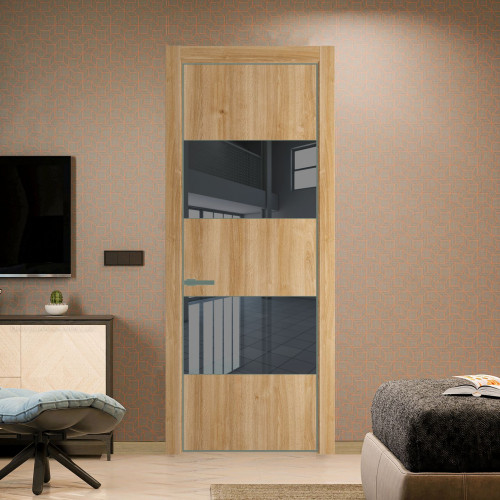 Межкомнатная дверь ProfilDoors 22 NE Дуб Карамель с кромкой Зеленый воск с стекляной вставкой зеркало grey