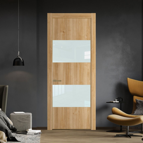 Межкомнатная дверь ProfilDoors 22 NE Дуб Карамель с кромкой Золото с стекляной вставкой белый лак