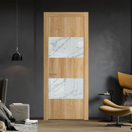 Межкомнатная дверь ProfilDoors 22 NE Дуб Карамель с кромкой Золото с стекляной вставкой нефи белый узор серебро