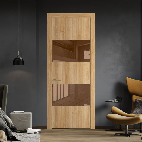 Межкомнатная дверь ProfilDoors 22 NE Дуб Карамель с кромкой Золото с стекляной вставкой зеркало bronze