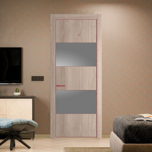 Межкомнатная дверь ProfilDoors 22 NE Дуб Сонома с кромкой Красный антрацит с стекляной вставкой серебро матлак