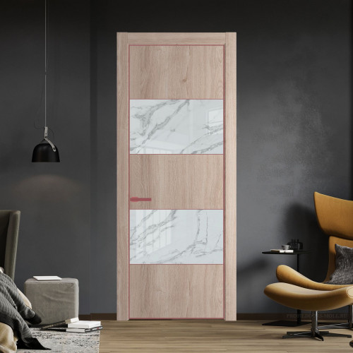 Межкомнатная дверь ProfilDoors 22 NE Дуб Сонома с кромкой Красный антрацит с стекляной вставкой нефи белый узор серебро