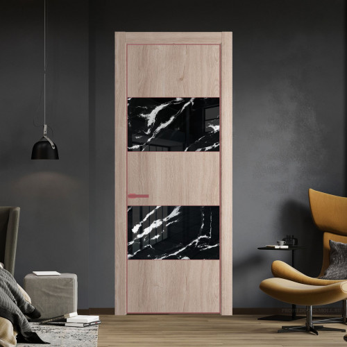 Межкомнатная дверь ProfilDoors 22 NE Дуб Сонома с кромкой Красный антрацит с стекляной вставкой нефи черный узор серебро