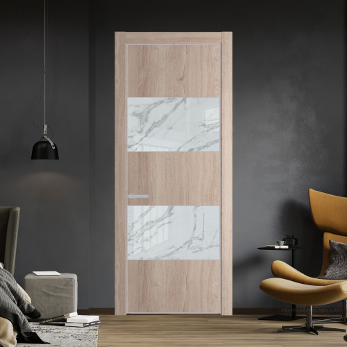 Межкомнатная дверь ProfilDoors 22 NE Дуб Сонома с кромкой Матовая с стекляной вставкой нефи белый узор серебро