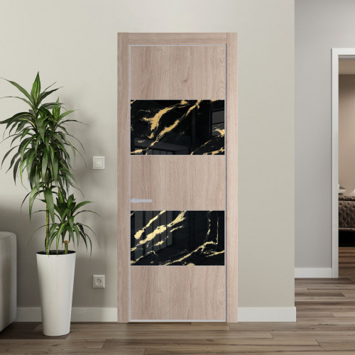 Межкомнатная дверь ProfilDoors 22 NE Дуб Сонома с кромкой Матовая с стекляной вставкой нефи черный узор золото