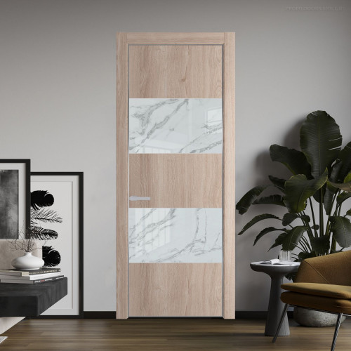 Межкомнатная дверь ProfilDoors 22 NE Дуб Сонома с кромкой Серебро с стекляной вставкой нефи белый узор серебро