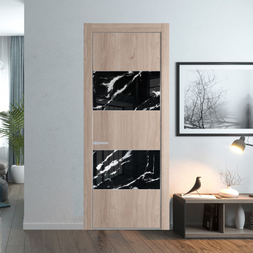 Межкомнатная дверь ProfilDoors 22 NE Дуб Сонома с кромкой Серебро с стекляной вставкой нефи черный узор серебро