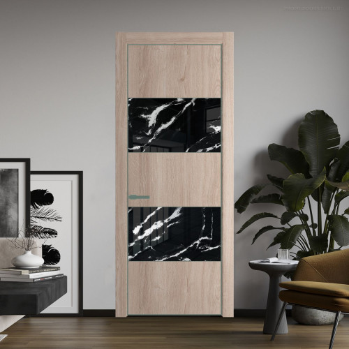 Межкомнатная дверь ProfilDoors 22 NE Дуб Сонома с кромкой Зеленый воск с стекляной вставкой нефи черный узор серебро