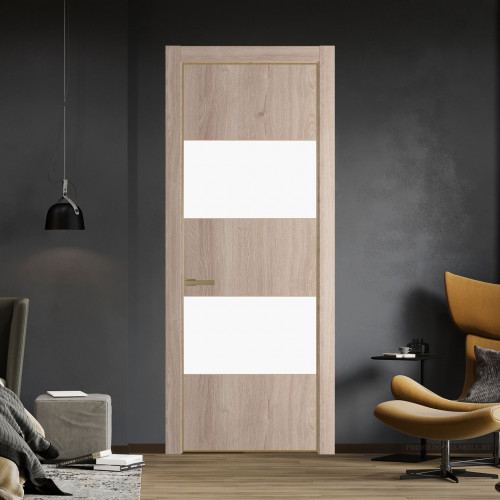 Межкомнатная дверь ProfilDoors 22 NE Дуб Сонома с кромкой Золото с стекляной вставкой монохром белый просветленный
