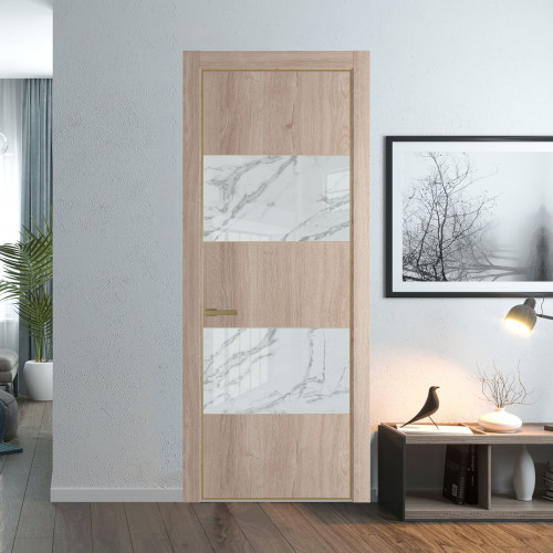 Межкомнатная дверь ProfilDoors 22 NE Дуб Сонома с кромкой Золото с стекляной вставкой нефи белый узор серебро