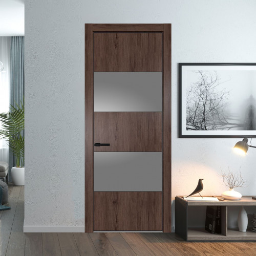 Межкомнатная дверь ProfilDoors 22 NE Дуб Тобакко с кромкой Черный с стекляной вставкой серебро матлак