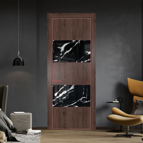 Межкомнатная дверь ProfilDoors 22 NE Дуб Тобакко с кромкой Красный антрацит с стекляной вставкой нефи черный узор серебро