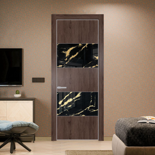 Межкомнатная дверь ProfilDoors 22 NE Дуб Тобакко с кромкой Матовая с стекляной вставкой нефи черный узор золото