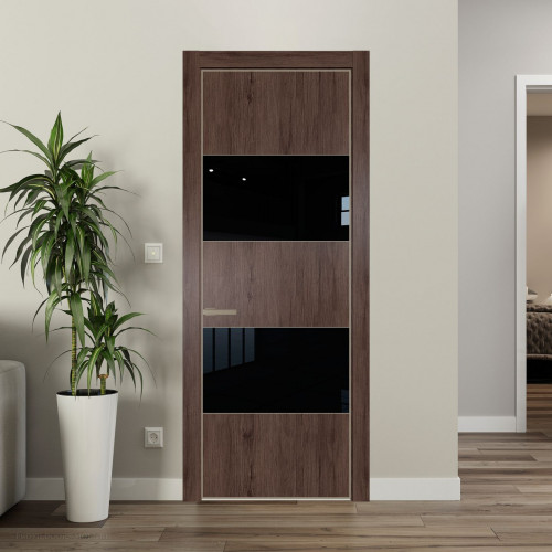 Межкомнатная дверь ProfilDoors 22 NE Дуб Тобакко с кромкой Никель с стекляной вставкой черный лак